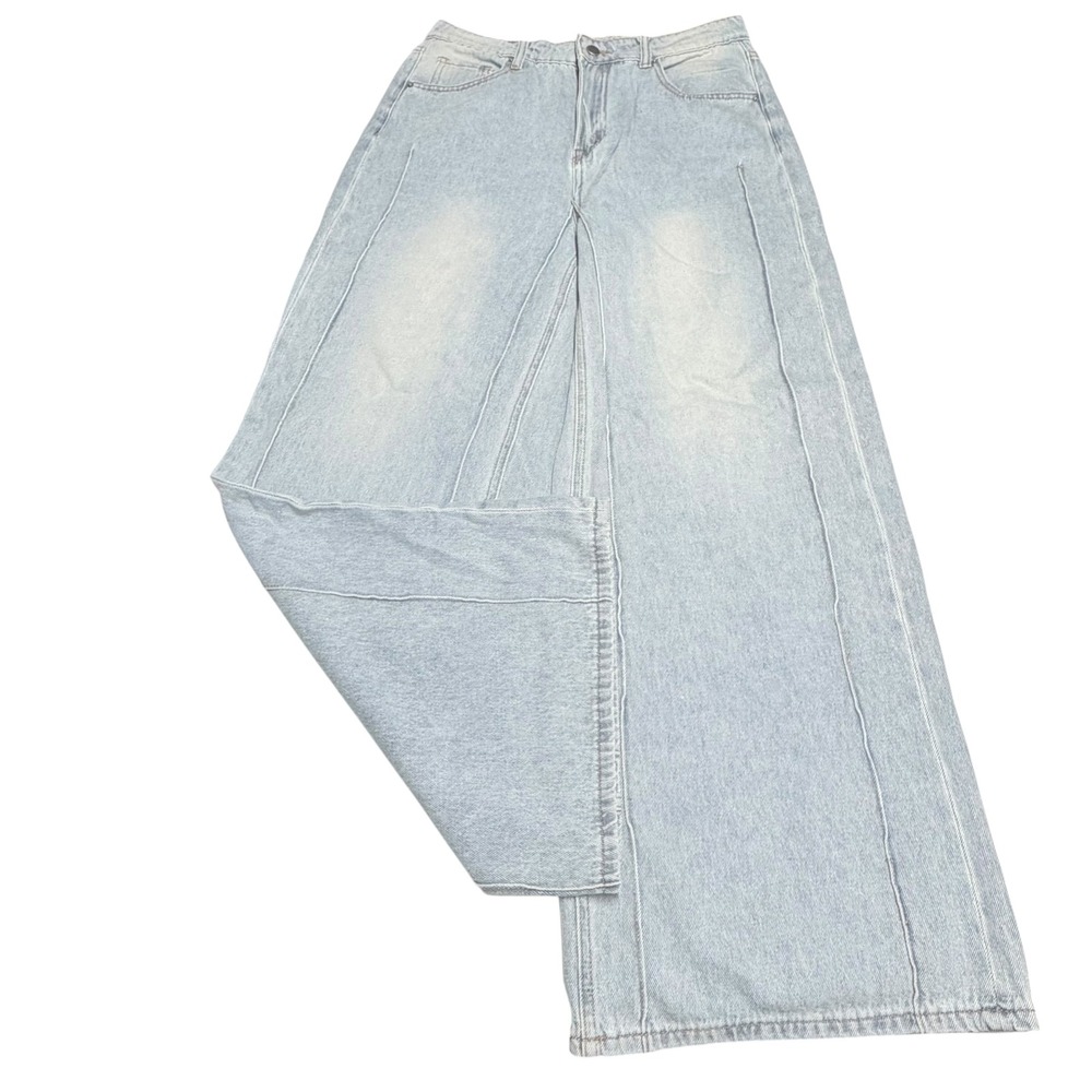 Light Wash Offset Seam Detail Wide Leg Jeans